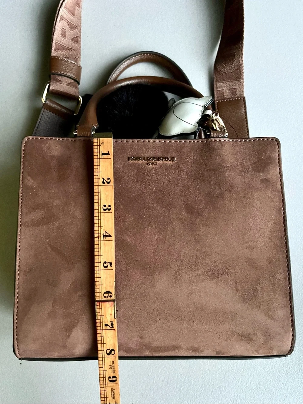 Karl Lagerfeld Brown Faux Suede & Leather Satchel/Crossbody with Choupette Pom